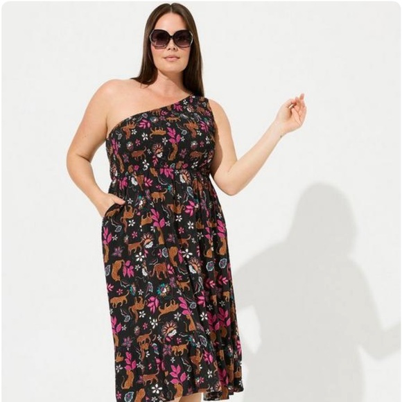 torrid Dresses & Skirts - Torrid MIDI Challis One Shoulder Leopard Floral Print Dress Size 1